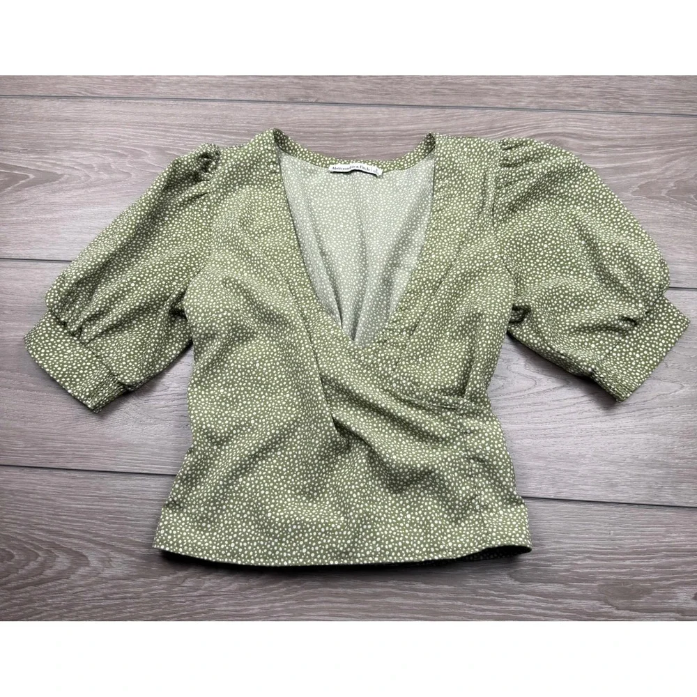 Abercrombie & Fitch Womens Wrap Top Puff Sleeve Polka Dot Green Small